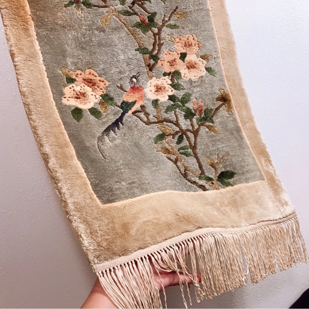 Chinoiserie Hand Knotted Silk Wall Hanging Rug Tapestry Apple Tree Blossoms Bird